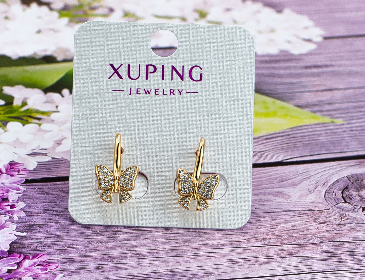 Серьги детские бабочки Xuping Jewelry с белыми фианитами - позолота 18К, высота 20мм, ширина 11мм - фото 1 - id-p1645852465