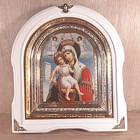 Икона Достойно есть Пресвятая Богородица, лик 15х18 см, в белом деревянном киоте, арка