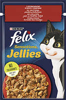 Вологий корм FELIX Sensations Jellies для кішок, з яловичиною і томатами в желі   85г*26шт
