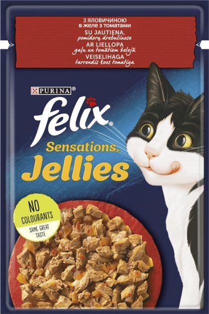 Вологий корм FELIX Sensations Jellies для кішок, з яловичиною і томатами в желі   85г*26шт