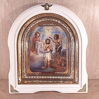Икона Крещение Господне, лик 15х18 см, в белом деревянном киоте, арка