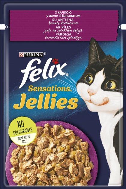 Вологий корм FELIX Sensations Jellies для кішок, з качкою та шпинатом у желе  85г*26шт