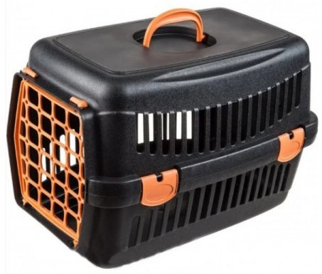 Переноска Animall CNR-102B для котів та собак до 12 кг 48.5х32.5х32.5 см чорна з помаранчовими пластиковими дверима, 162178