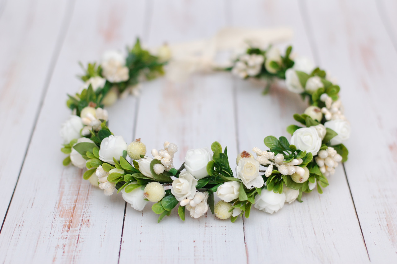 Вінок для волосся / віночок на голову з квітів кремовий із зеленню 529, фото 1