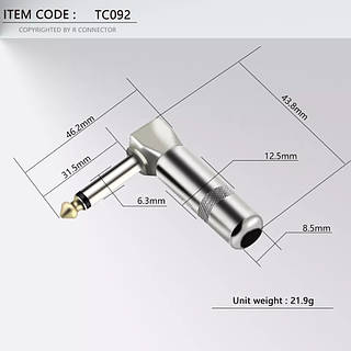 MONO джек угловой TC092 6.3 мм для инструментального кабеля