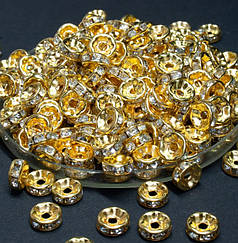 Намистини-розділювачі ронделі золоті з прозорими стразами, 8 мм.