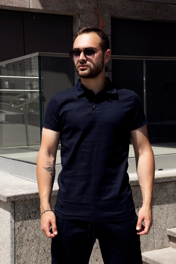 Чоловічий лляний комплект для прогулянок із футболкою Polo синього кольору, фото 1