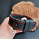 Ремінець із натуральної шкіри для годинників ручної роботи 18,20,22,24 мм чорний з червоною ниткою (К019), фото 3