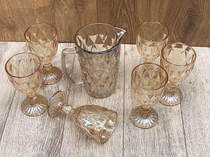 Набір глечик і келихи 7 предметів кубки "Зеркальний Смарагд 2" бурштиновий