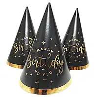 Колпак праздничный 15 см "HappyBirthday" золото на черном