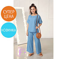 📌 Льняний Костюм вільного крою на літо | Комплект футболки + штани кюлоти натуральний льон, оверсайз | Норма