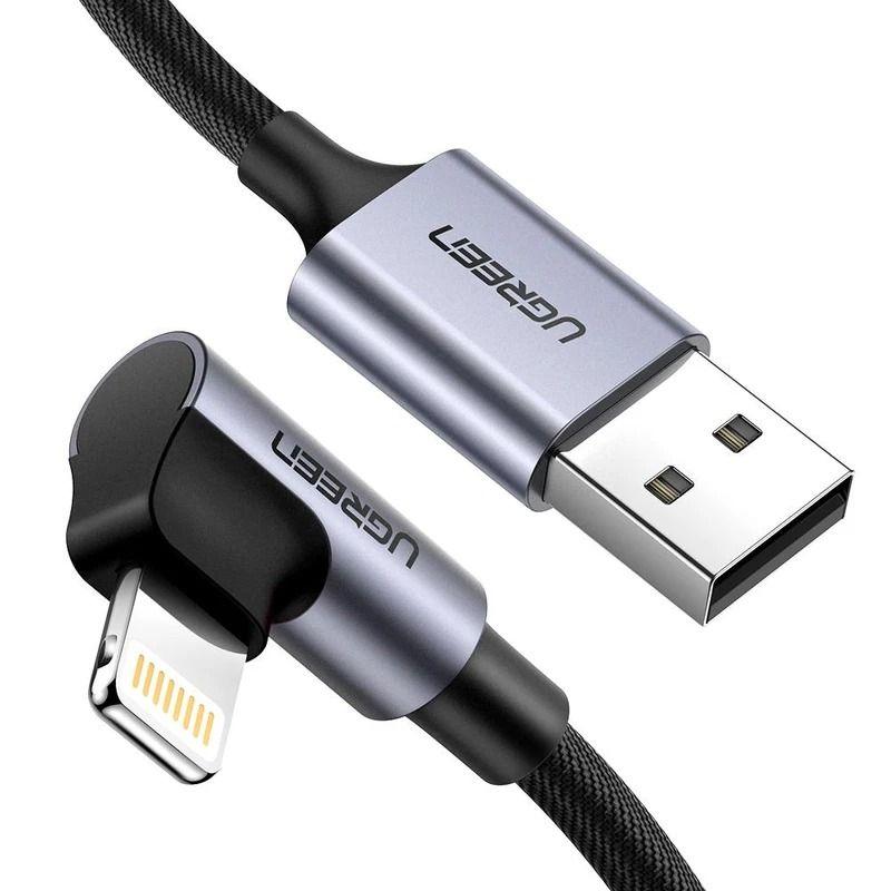 Кабель зарядний UGREEN USB for Lightning Braided cable with Aluminum Shell M/M кутовий 1 м Black (US299), фото 1