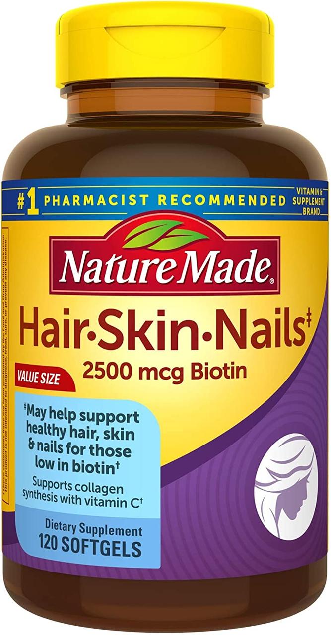 Nature Made Hair Skin and Nails вітаміни А, С, Біотин 2500, цинк мідь для волосся, шкіри, нігтів, 120 ЖК. До 12/2025