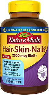 Nature Made Hair Skin and Nails вітаміни А, С, Біотин 2500, цинк мідь для волосся, шкіри, нігтів, 120 ЖК