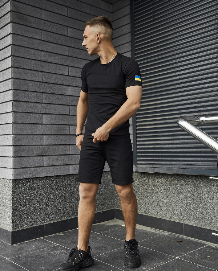Літній бавовняний повсякденний чоловічий спортивний костюм із шортами та футболкою з прапором чорний, фото 1