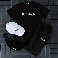 Чоловічий літній костюм Reebok Футболка+Шорти+Кепка+Барсетка у подарунок чорний Комплект Рібок