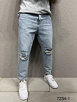 Стильные мужские широкие джинсы Турецкие MOM синие с потёртостями