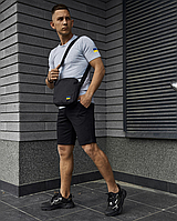 Гарний літній чоловічий повсякденний комплект шорти та сіра футболка патріотична + Барсетка чорна