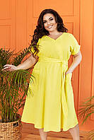 Літнє приталене лляне плаття великих розмірів із поясом і спідницею вільного крою (р.48-58). Арт-4308/7