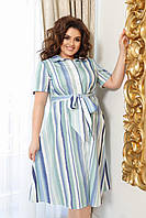 Літнє лляне смугасте плаття великих розмірів із поясом і спідницею вільного крою (р.50-56). Арт-4310/7
