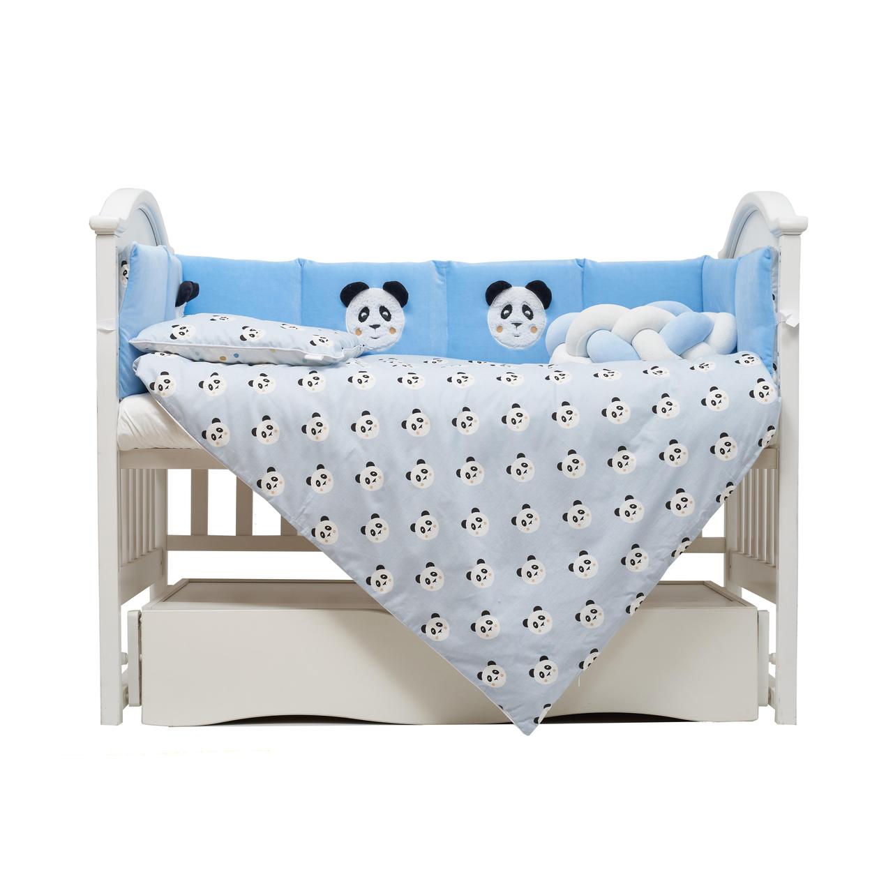 Дитячий бавовняний постільний комплект у ліжечко Twins Panda, з бортиками, 7 елементів, блакитний