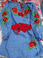 Детское платье джинсового цвета с вышивкой " Яркая деточка".