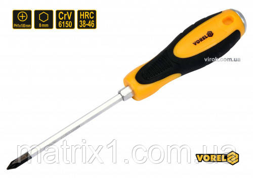 Відвертка хрестова ударна з 6-граним стрижнем VOREL: PH1 х 100 мм, HRC 38-46, Cr-V, фото 1