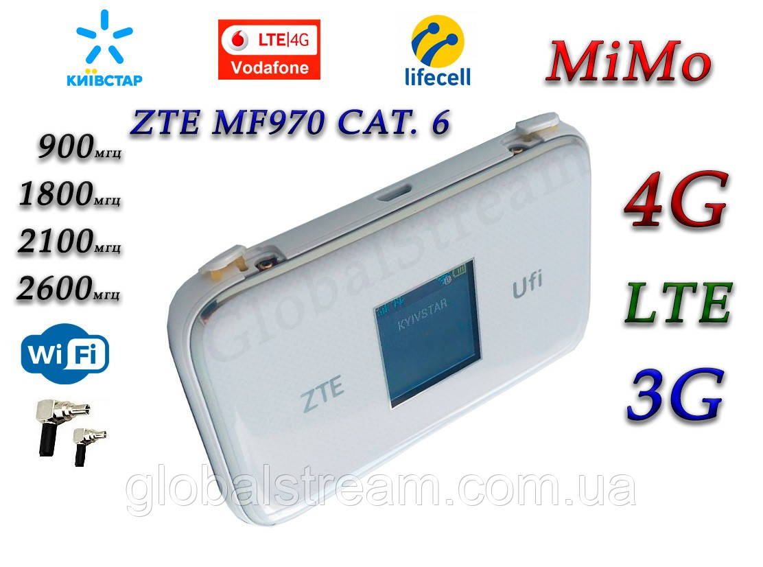 Мобільний модем 4G-LTE/3G WiFi Роутер ZTE MF970 cat.6 до 300 Мбіт/с з 2 вих. під антену MiMo (KS, VD, Life)