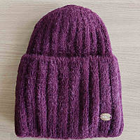 Шапка біні жіноча ангорова в'язана із широким закотом і флісовою підкладкою UNK в асортименті