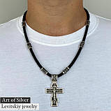 Срібний хрест на шкіряному шнурку зі срібними вставками, фото 2