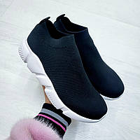 Летние женские кроссовки обувной текстиль стрейч без застежки черные на белой подошве