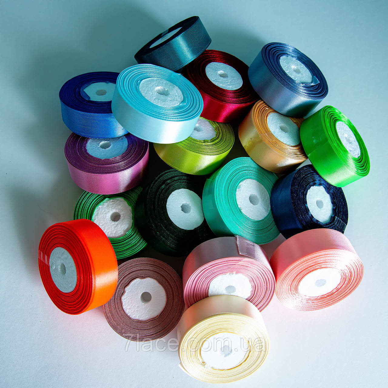 Стрічка атласна однотонна/МІКС ЦВІТІВ/ширина 2,5 см/49 бобін по 23 метри, фото 1