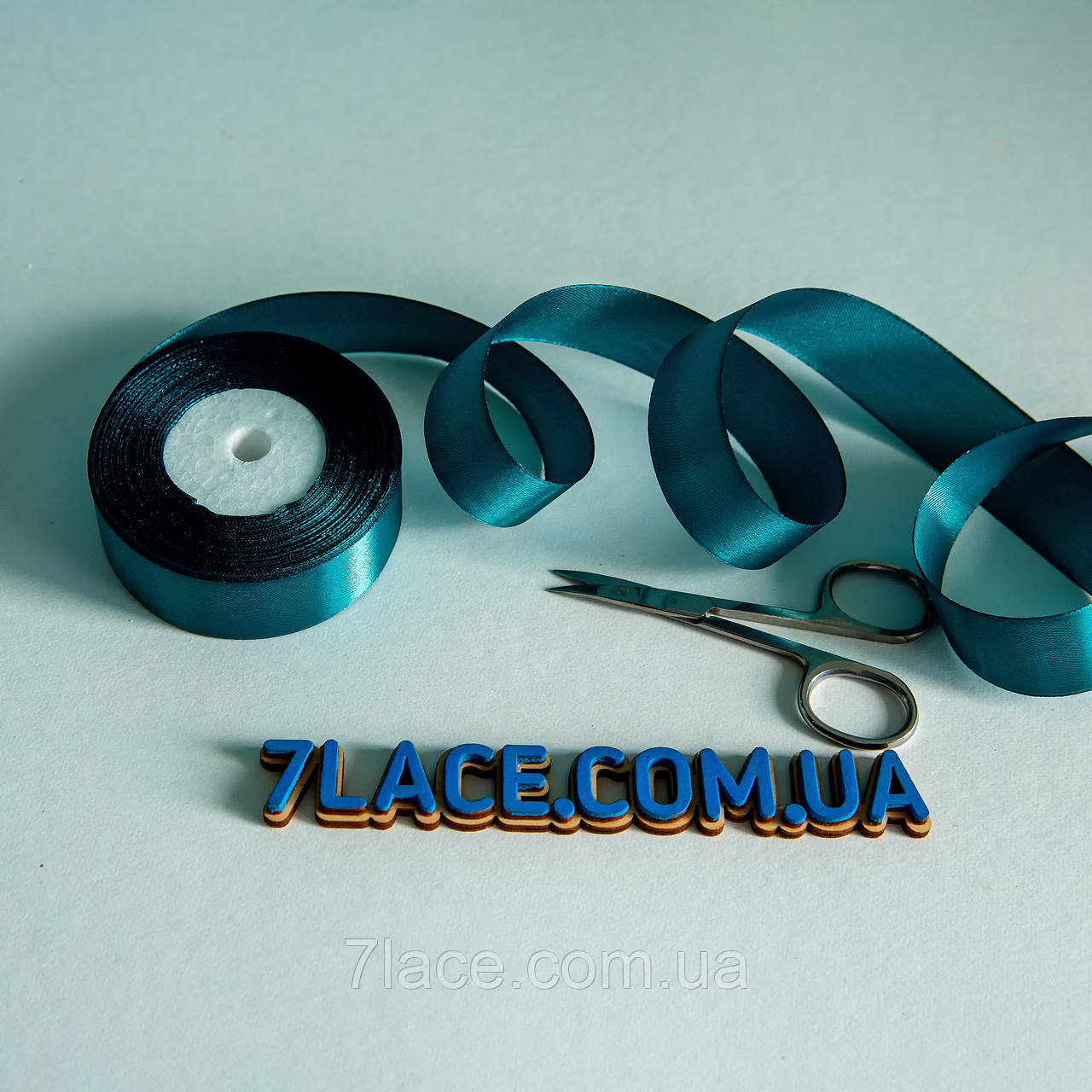 Стрічка атласна однотонна / колір СИНЬО-ЗЕЛЕНИЙ / ширина 2,5 см / бобіна 23 м, фото 1