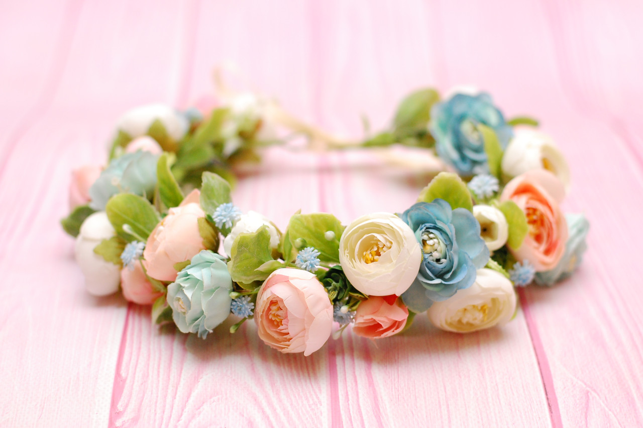 Вінок для волосся / віночок на голову з квітами у пастельних кольорах 594, фото 1
