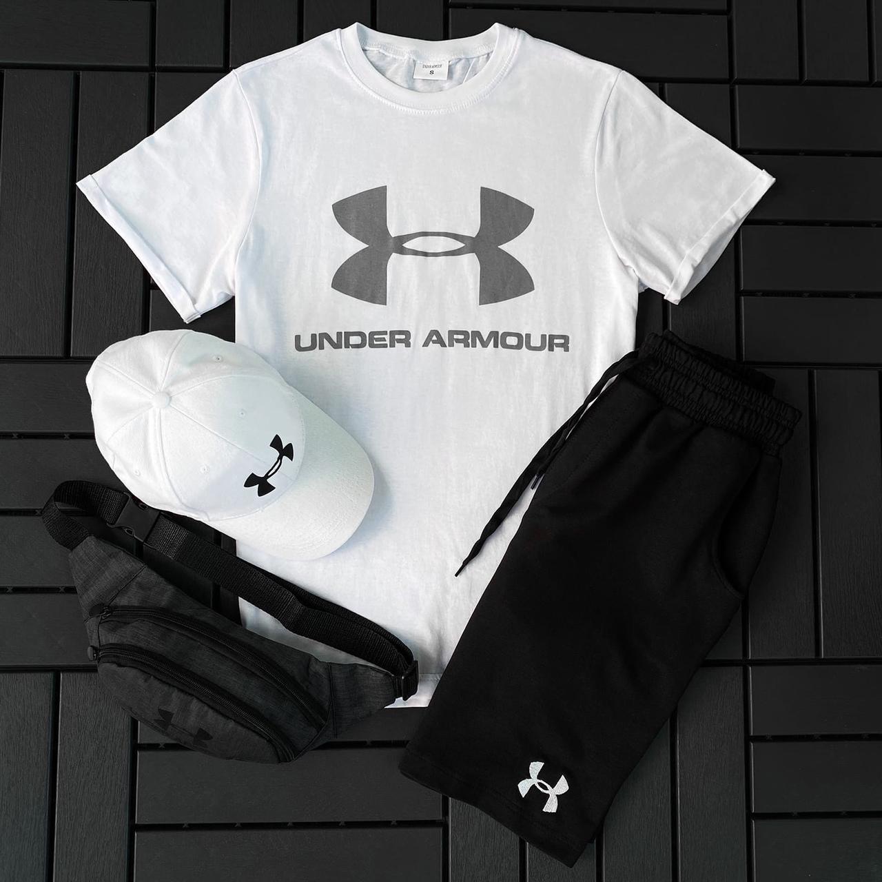 Чоловічий літній костюм Under Armour Футболка + Шорти + Кепка + Барсетка чорно-білий Андер Армор