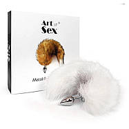 Металевий анальний штекер з хвостом з натурального хутра Art of Sex size M White fox, фото 2
