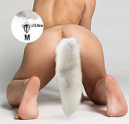 Металевий анальний штекер з хвостом з натурального хутра Art of Sex size M White fox, фото 3