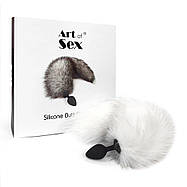 Силіконова анальна пробка з хвостом з натурального хутра Art of Sex size M White fox, фото 2