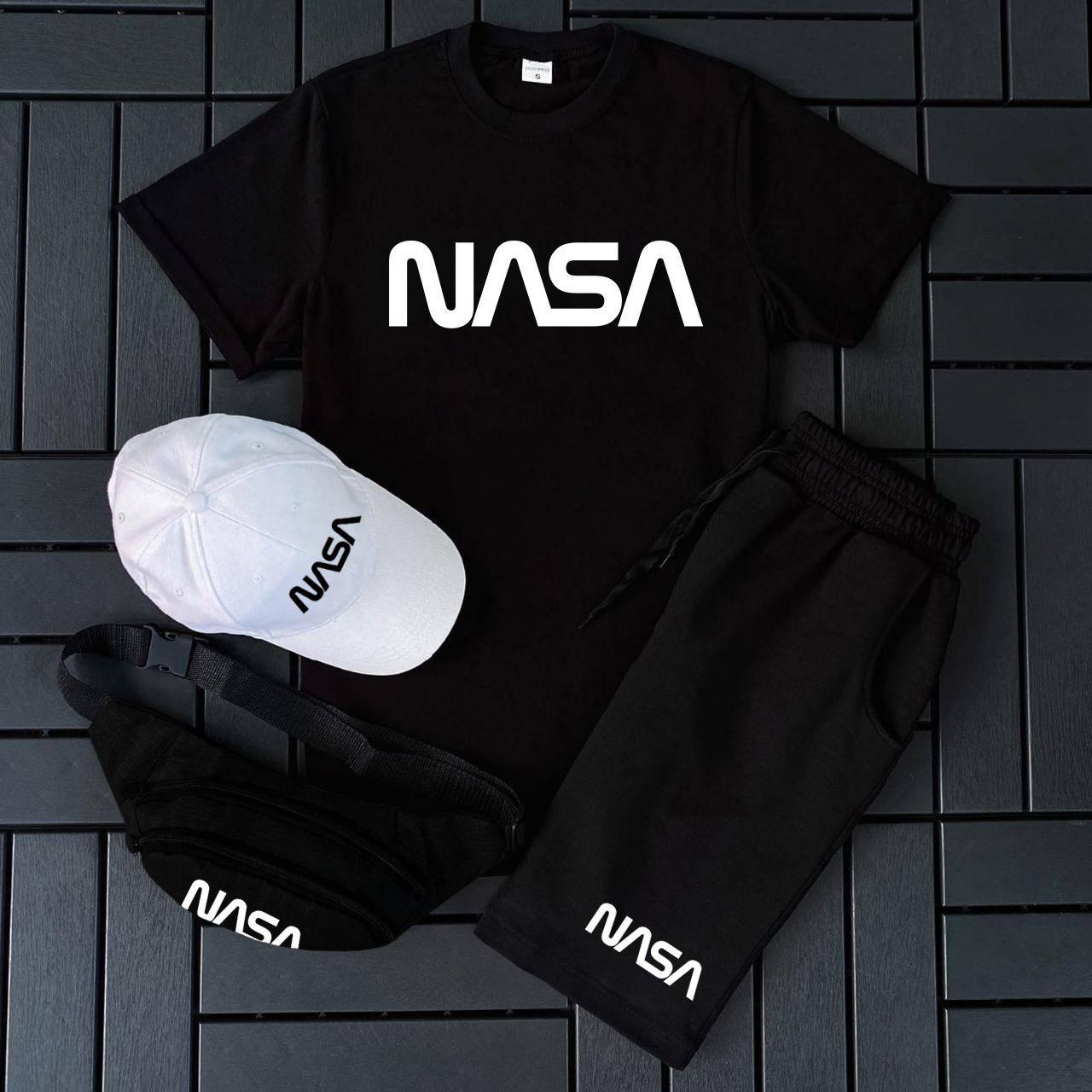 Чоловічий літній костюм Nasa Футболка + Шорти + Кепка + Барсетка в подарунок чорний комплект Наса
