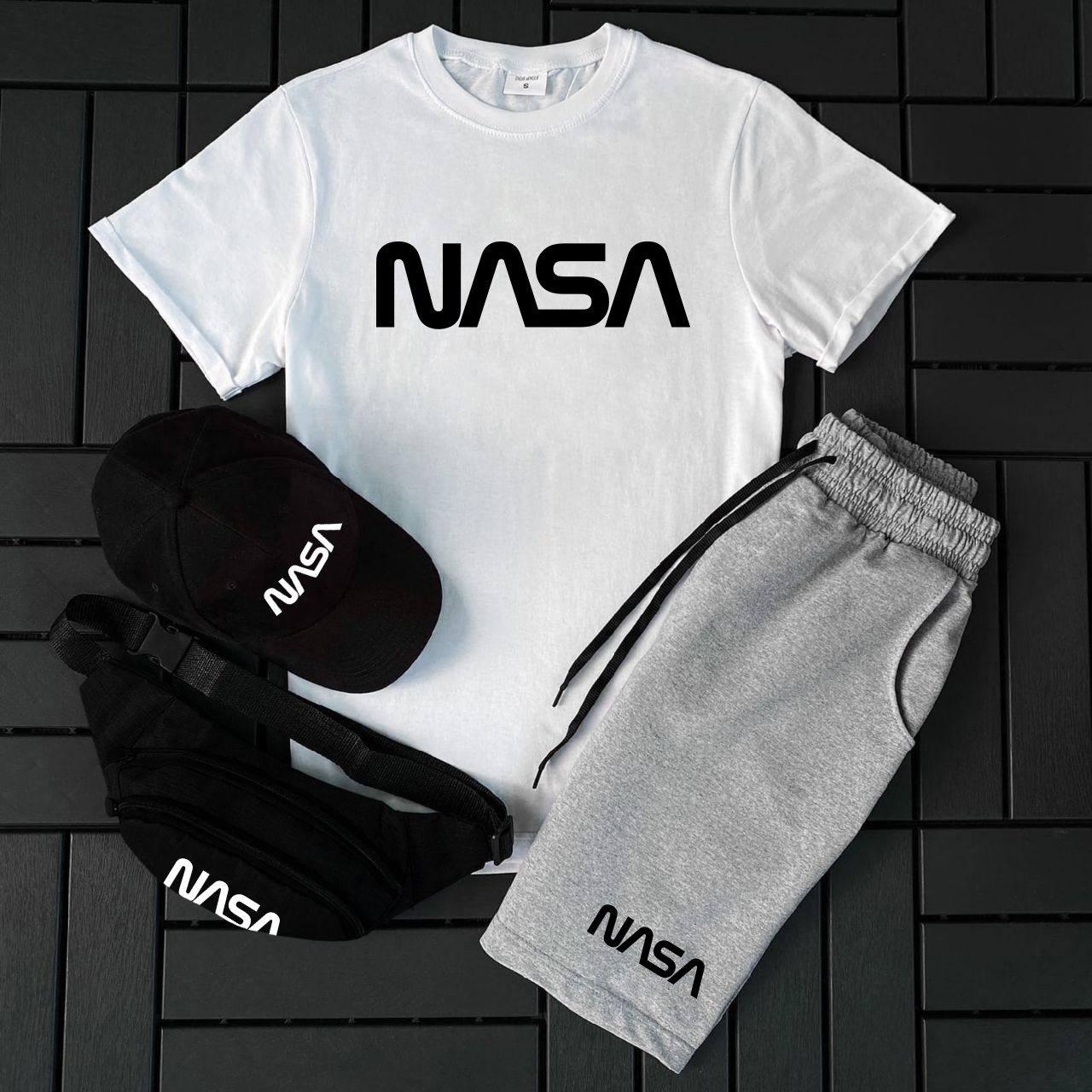 Чоловічий літній костюм Nasa Футболка + Шорти + Кепка + Барсетка в подарунок білий із сірий комплект Наса