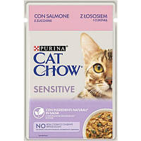 Влажный корм Purina Cat Chow для кошек чувствительным пищеварением, лосось и цуккини, кусочки в желе 85г*26шт