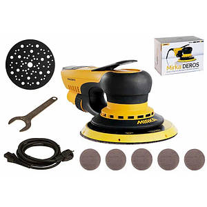 Електрична роторно-орбітальна шліфувальна машинка Mirka® DEROS 650CV з підошвою 150 мм і орбітою 2.5 мм.