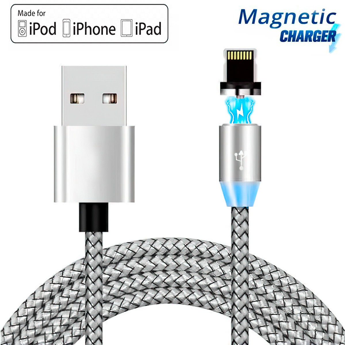 Магнітна зарядка для телефону 2А "X-Cable" Сріблястий, магнітний кабель Lightning - шнур на айфон 1 м