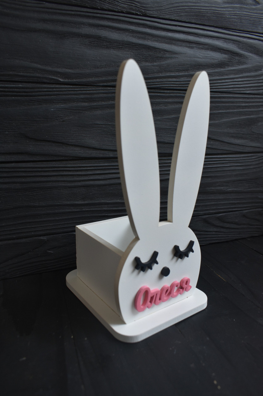 Тримач іменний з дерева для резинок та шпильок у вигляді зайчика. Дерев'яна скринька - органайзер для дівчинки, фото 1