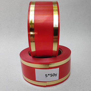Стрічка ритуальна, колір червоний, ЗОЛОТО Ширина – 5 см. Довжина-50м.