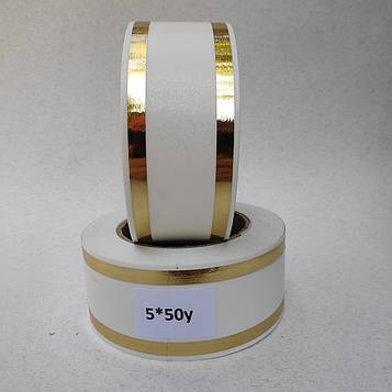 Лента ритуальна, колір білий, ЗОЛОТО Ширина-5см. Довжина – 50м.