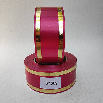 Лента ритуальна, колір малиновий, ЗОЛОТО Ширина-5см. Довжина – 50м.