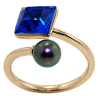 Кольцо Xuping Позолота 18K с кр-ми Swarovski "Кристалл Capri Blue с черным жемчугом" р.16-17; 8х8мм, ø 6мм