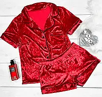 Пудровая женская бархатная / велюровая пижама рубашка и шорты в стиле Виктории Сикрет Красный