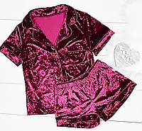 Пудровая женская бархатная / велюровая пижама рубашка и шорты в стиле Виктории Сикрет Вишня